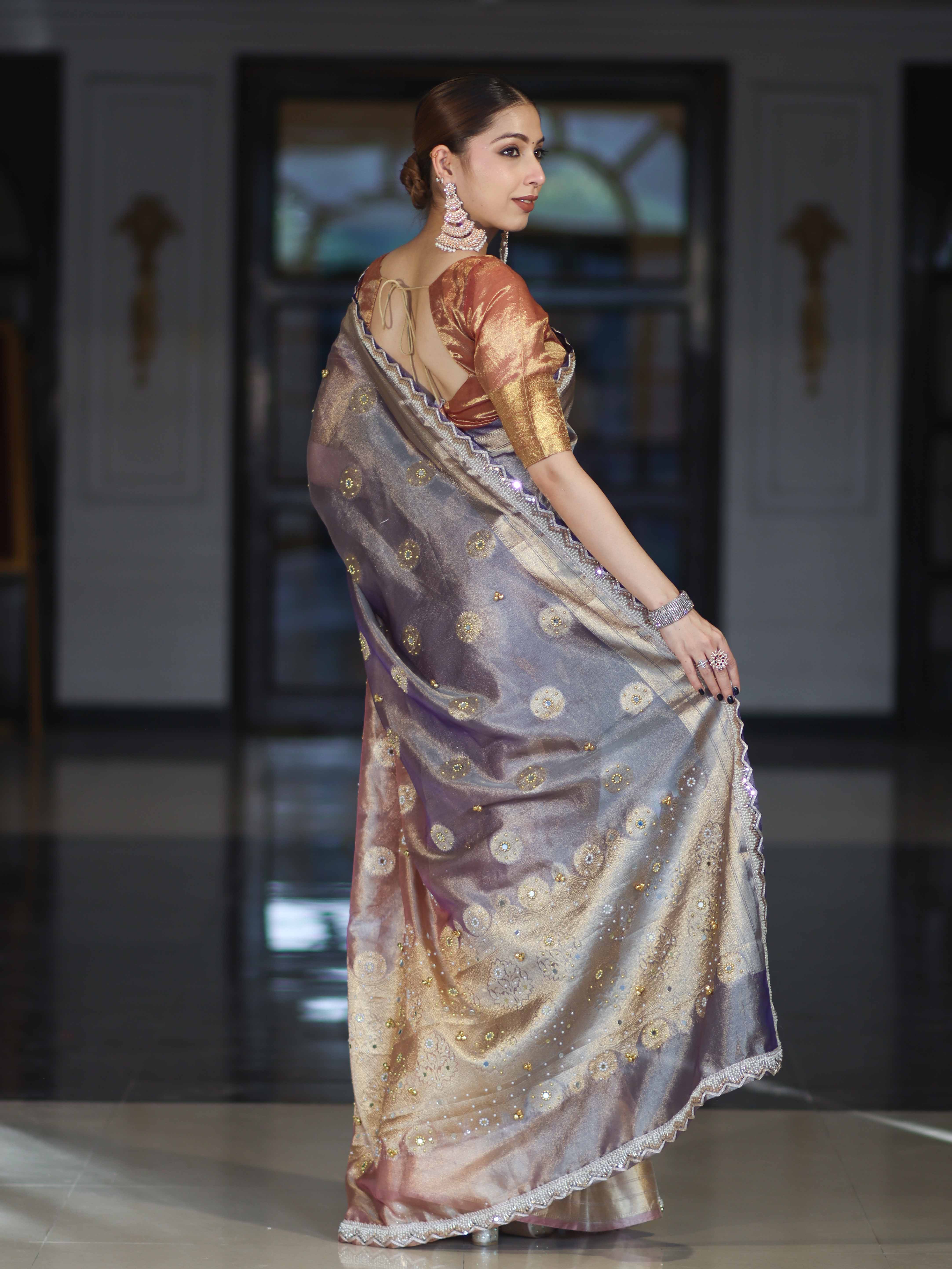 Banarasee Tissue Hand Embroidered Mirror Work Saree With Ghungroo Work & Lace Border-Violet & Pink