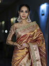 Banarasee Handwoven Tissue Saree With Zari Stripe Pattern Border & Lace-Peach