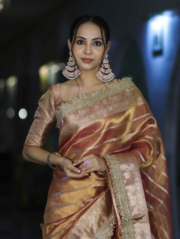 Banarasee Handwoven Tissue Saree With Zari Stripe Pattern Border & Lace-Peach