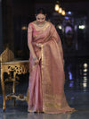 Banarasee Handwoven Tissue Saree With Zari Checks & Border-Peachy Pink