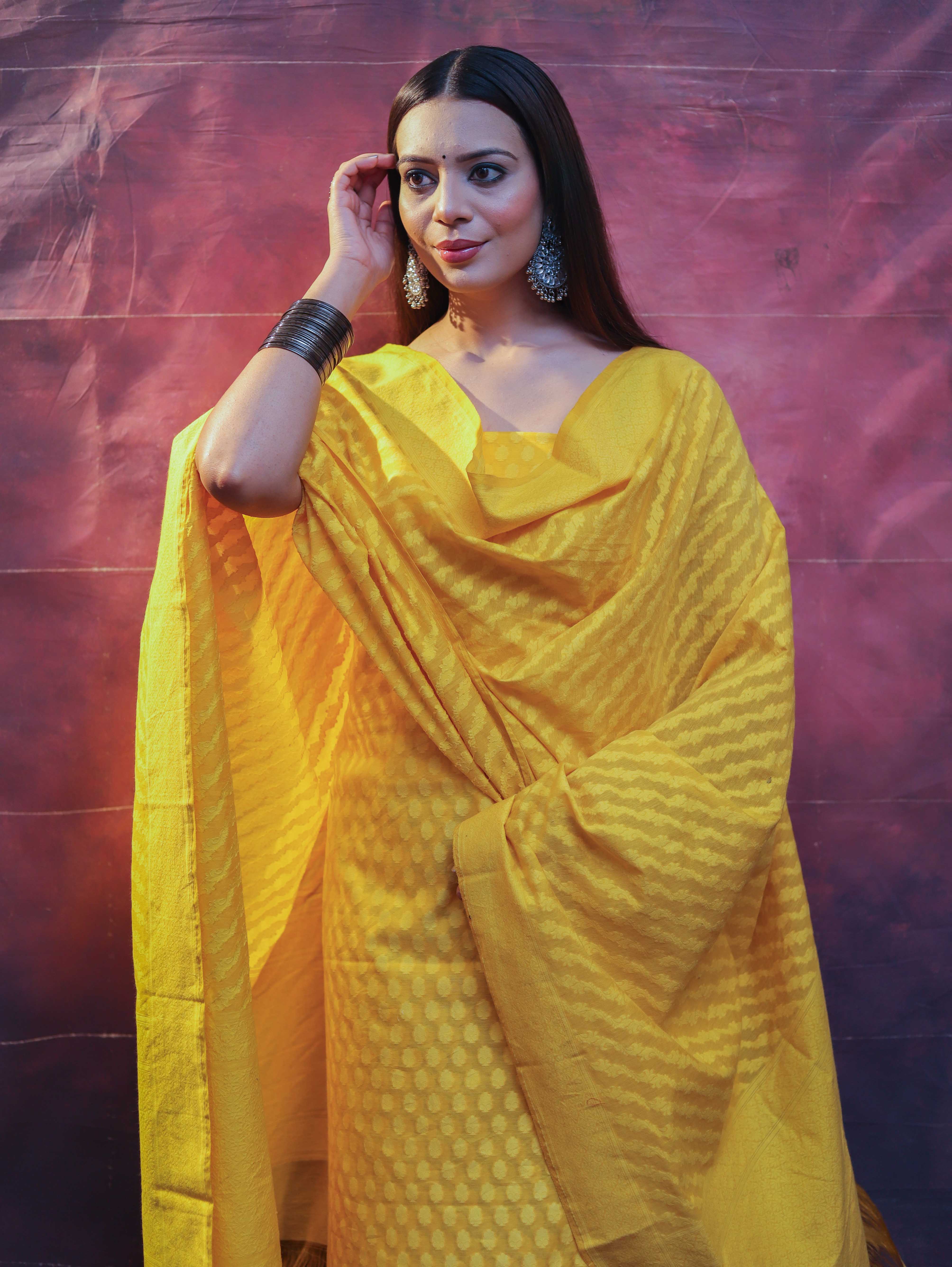 Banarasee Handloom Pure Cotton Silk Salwar Kameez Fabric With Dupatta-Yellow