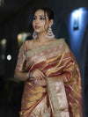 Banarasee Handwoven Tissue Saree With Zari Stripe Pattern Border & Lace-Peach
