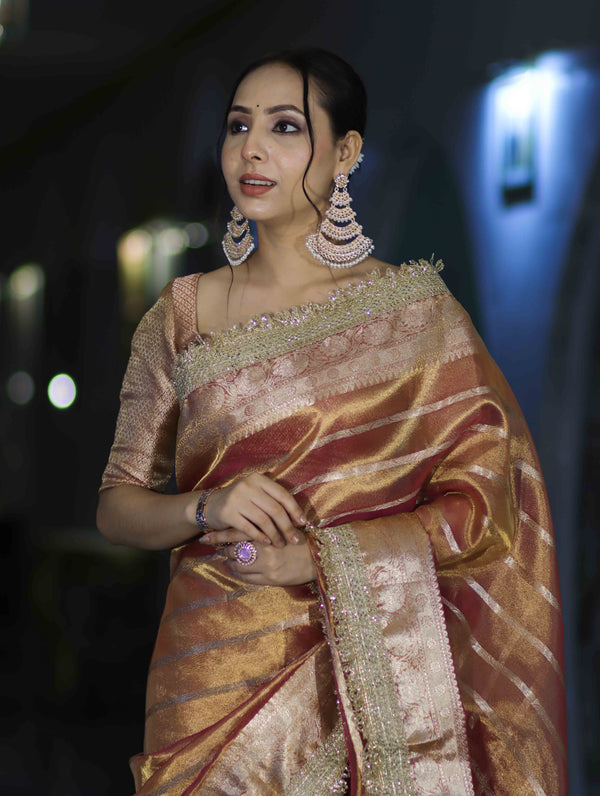 Banarasee Handwoven Tissue Saree With Zari Stripe Pattern Border & Lace-Peach