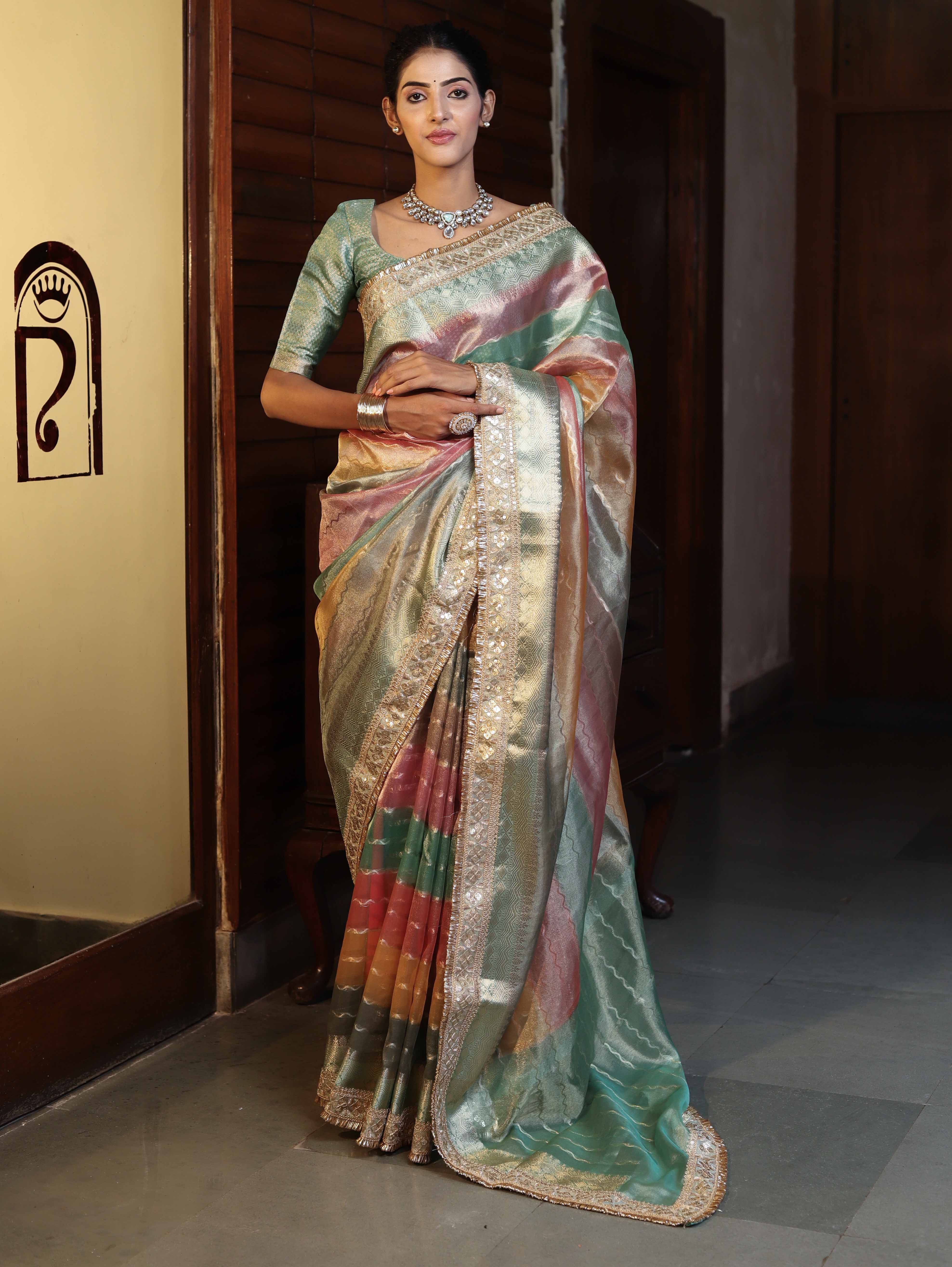 Banarasee Handwoven Tissue Saree With Curve Stripe Pattern Zari Border & Lace-Multicolor
