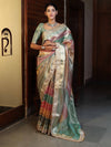 Banarasee Handwoven Tissue Saree With Curve Stripe Pattern Zari Border & Lace-Multicolor