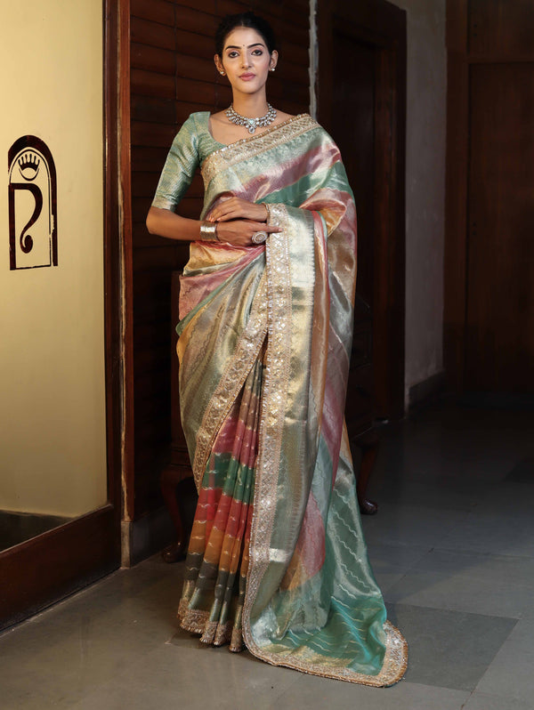 Banarasee Handwoven Tissue Saree With Curve Stripe Pattern Zari Border & Lace-Multicolor