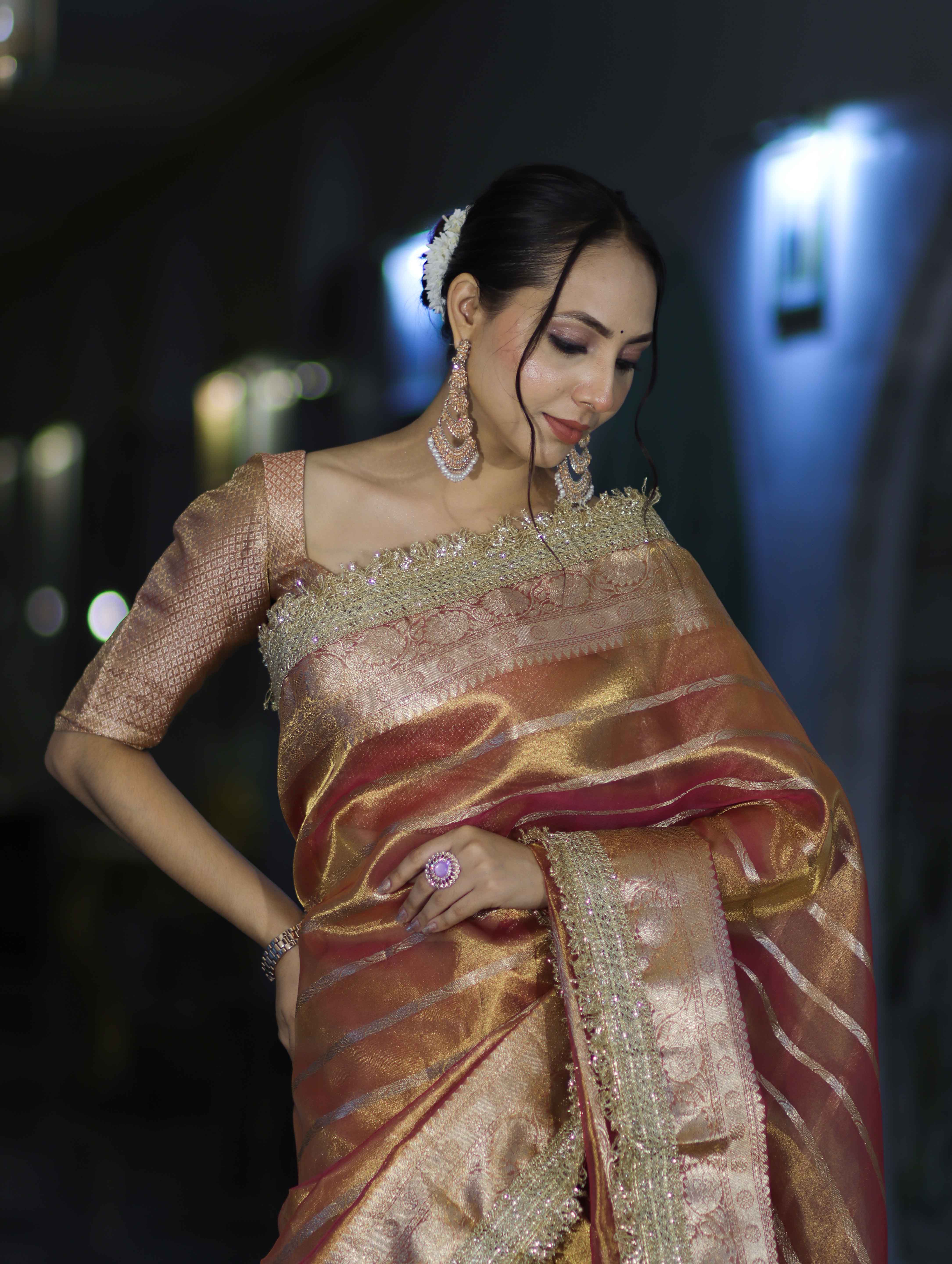 Banarasee Handwoven Tissue Saree With Zari Stripe Pattern Border & Lace-Peach