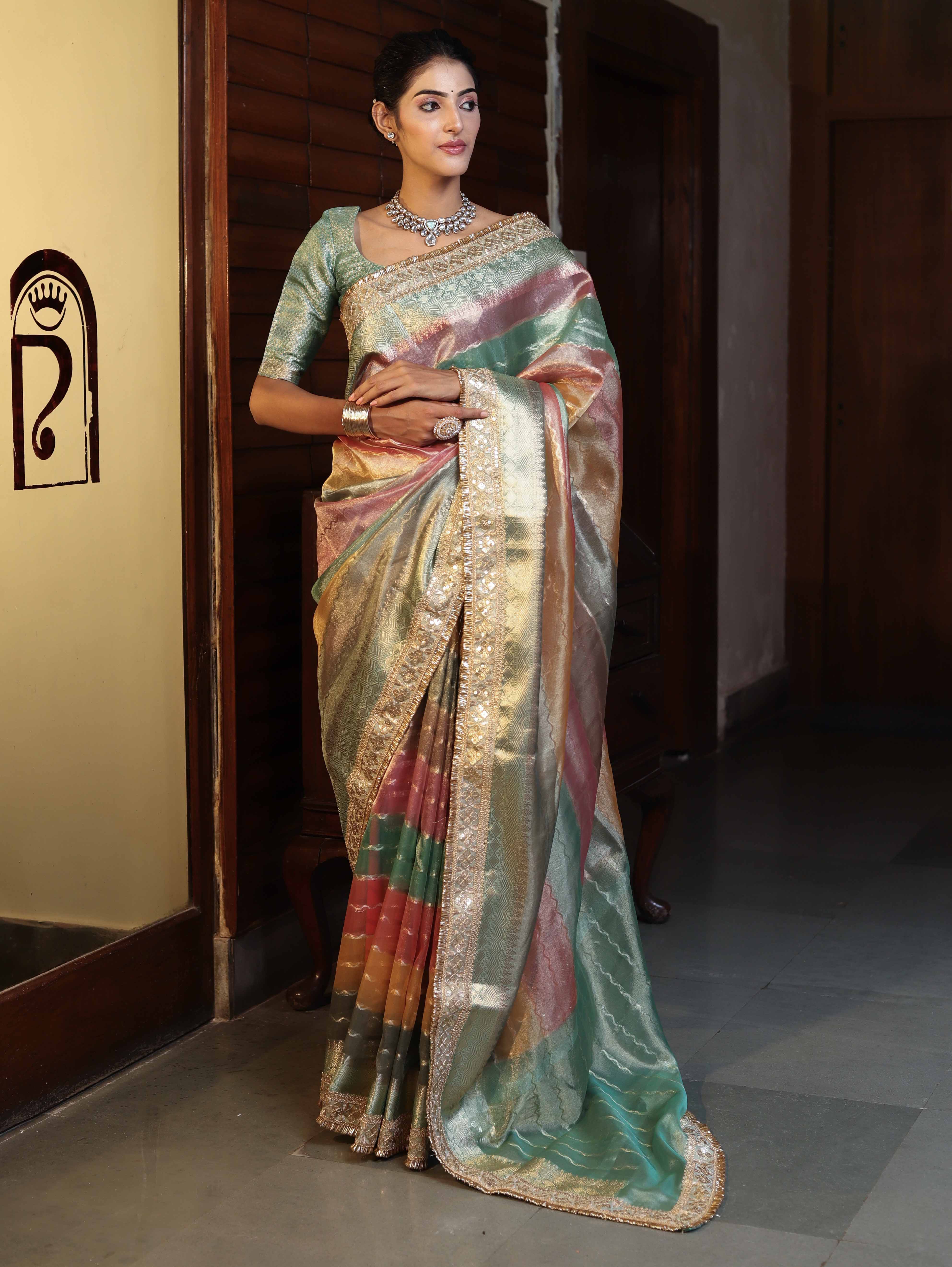 Banarasee Handwoven Tissue Saree With Curve Stripe Pattern Zari Border & Lace-Multicolor