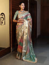 Banarasee Handwoven Tissue Saree With Curve Stripe Pattern Zari Border & Lace-Multicolor