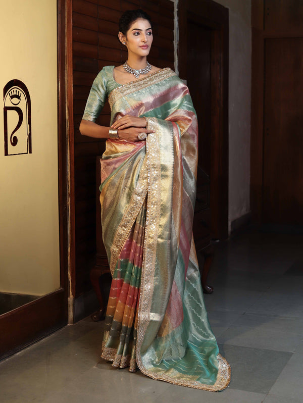 Banarasee Handwoven Tissue Saree With Curve Stripe Pattern Zari Border & Lace-Multicolor