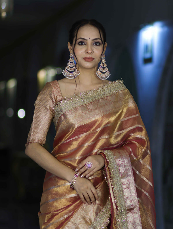 Banarasee Handwoven Tissue Saree With Zari Stripe Pattern Border & Lace-Peach