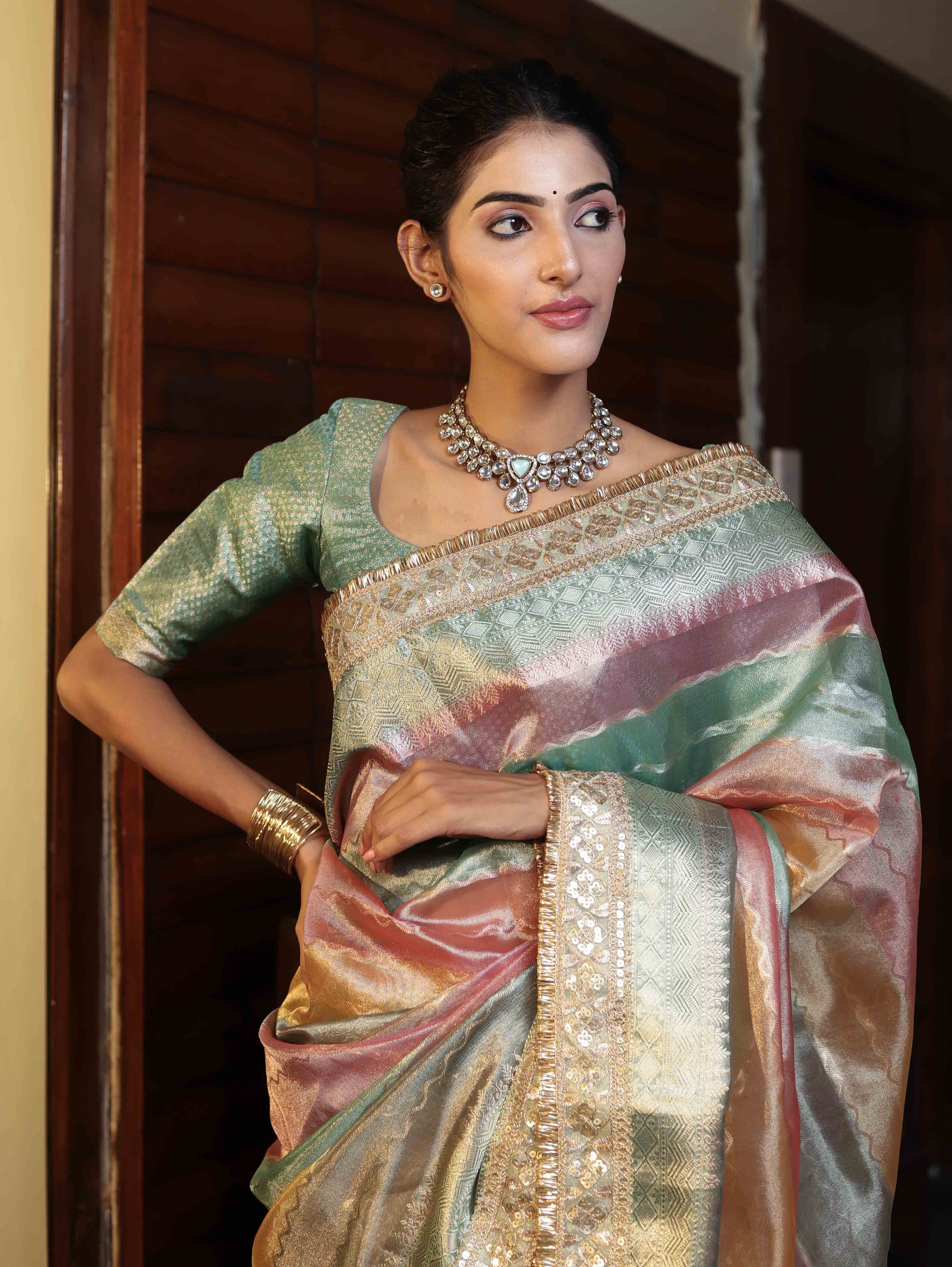 Banarasee Handwoven Tissue Saree With Curve Stripe Pattern Zari Border & Lace-Multicolor
