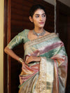Banarasee Handwoven Tissue Saree With Curve Stripe Pattern Zari Border & Lace-Multicolor