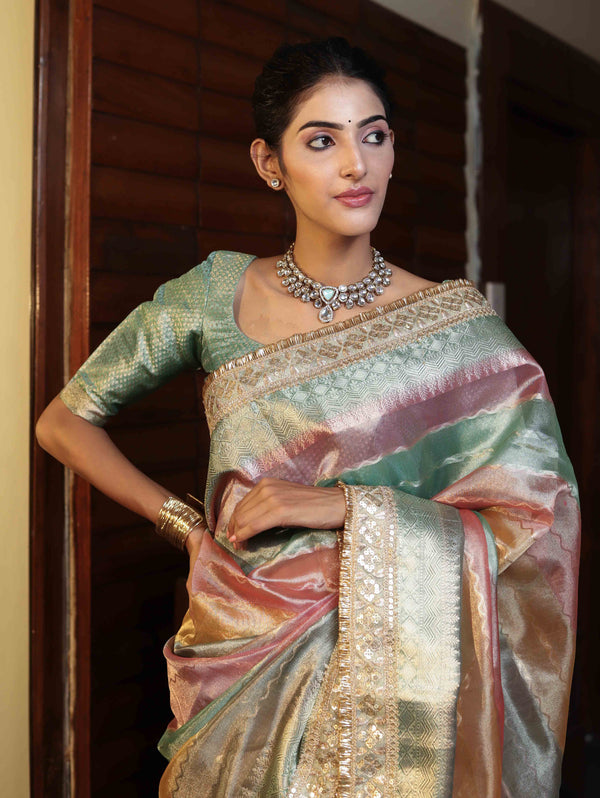 Banarasee Handwoven Tissue Saree With Curve Stripe Pattern Zari Border & Lace-Multicolor