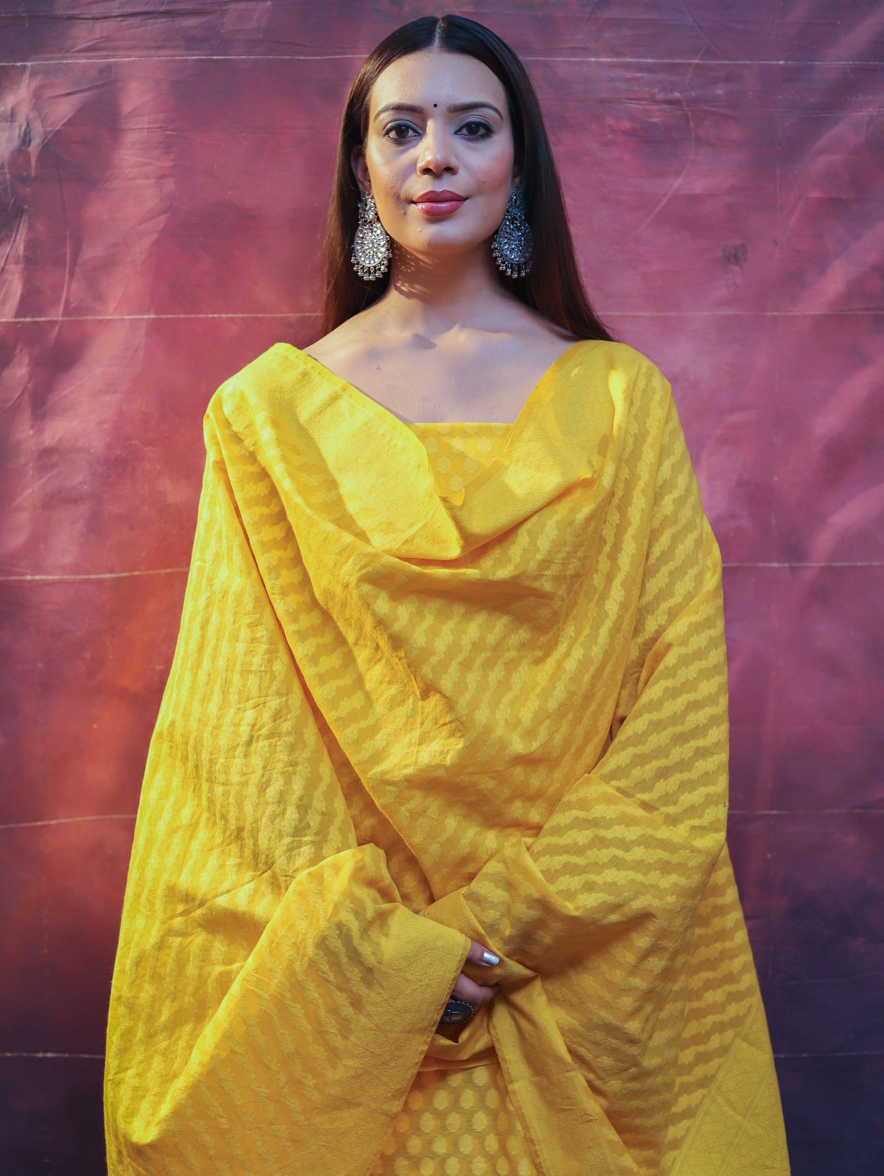 Banarasee Handloom Pure Cotton Silk Salwar Kameez Fabric With Dupatta-Yellow
