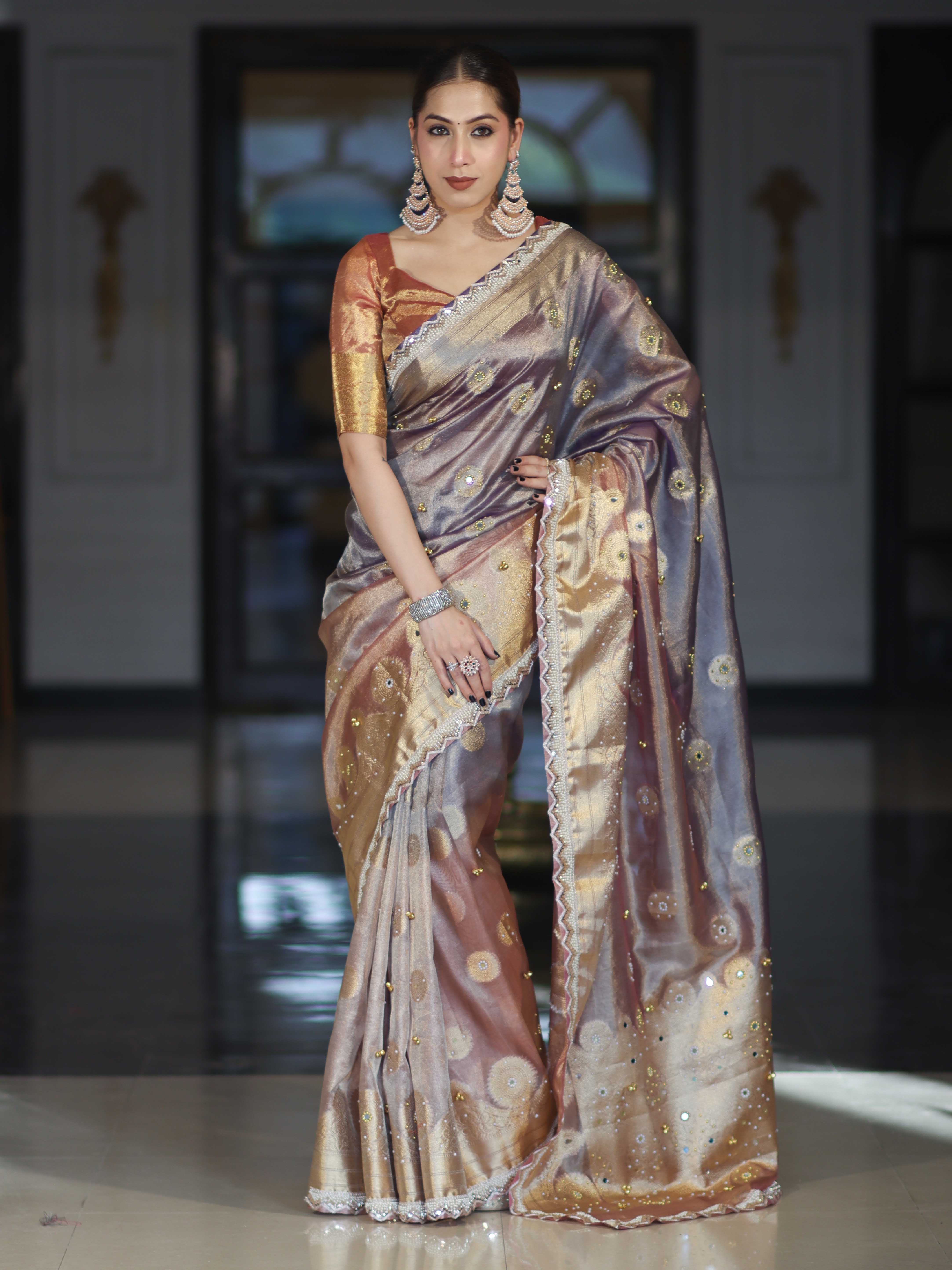 Banarasee Tissue Hand Embroidered Mirror Work Saree With Ghungroo Work & Lace Border-Violet & Pink