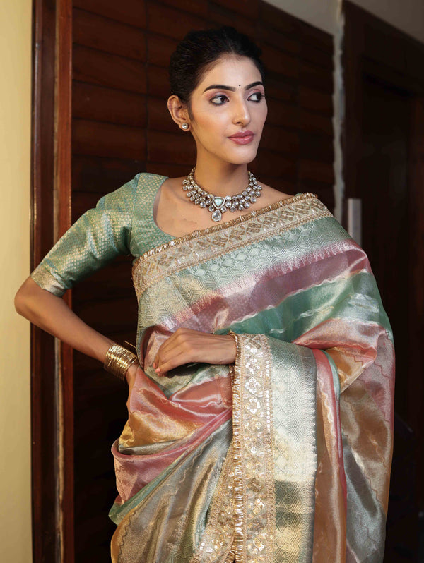 Banarasee Handwoven Tissue Saree With Curve Stripe Pattern Zari Border & Lace-Multicolor