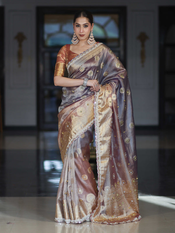 Banarasee Tissue Hand Embroidered Mirror Work Saree With Ghungroo Work & Lace Border-Violet & Pink