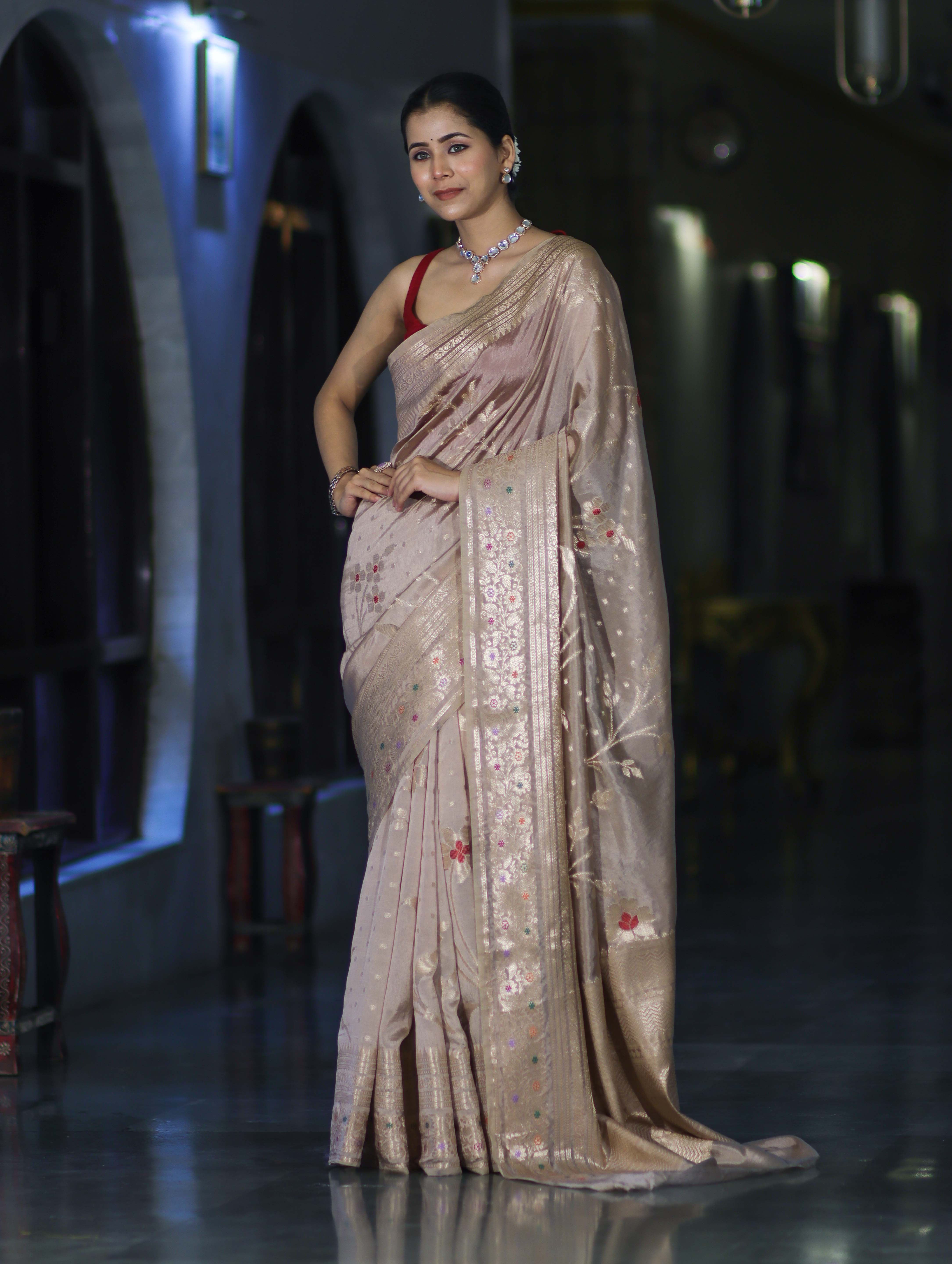Banarasee Handloom Semi Silk Saree With Meena Design & Contrast Blouse-Beige