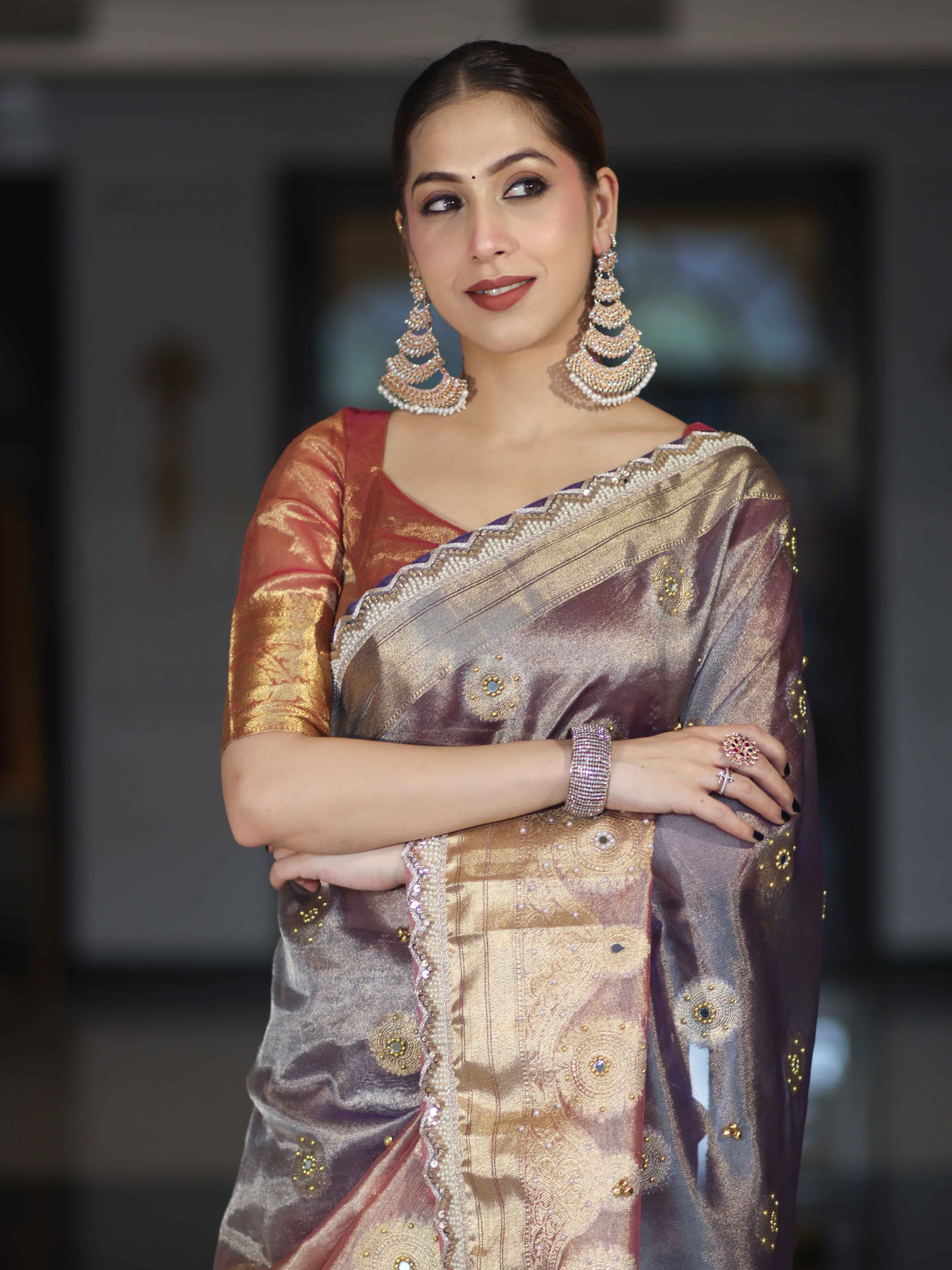 Banarasee Tissue Hand Embroidered Mirror Work Saree With Ghungroo Work & Lace Border-Violet & Pink