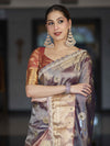 Banarasee Tissue Hand Embroidered Mirror Work Saree With Ghungroo Work & Lace Border-Violet & Pink