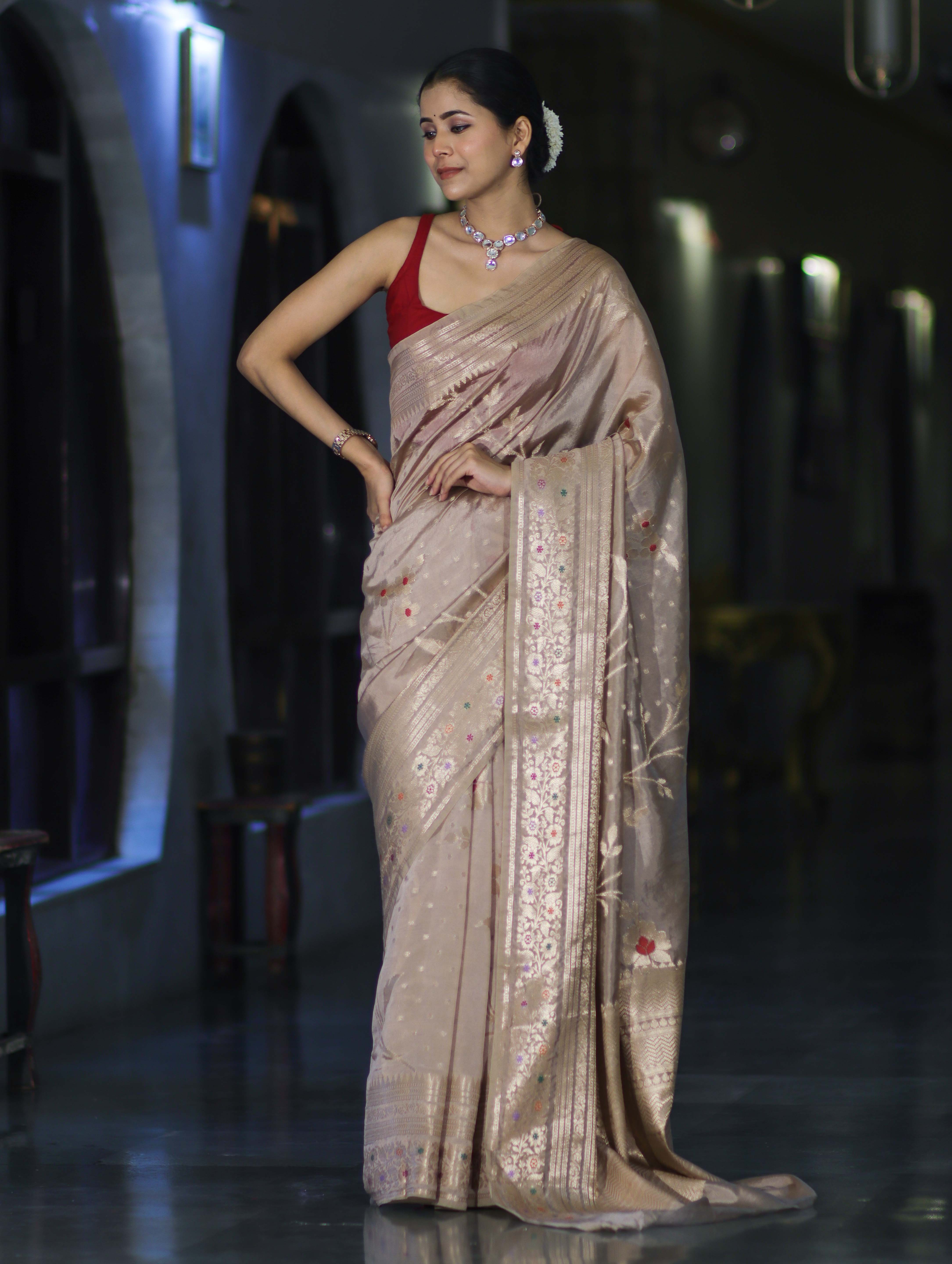 Banarasee Handloom Semi Silk Saree With Meena Design & Contrast Blouse-Beige