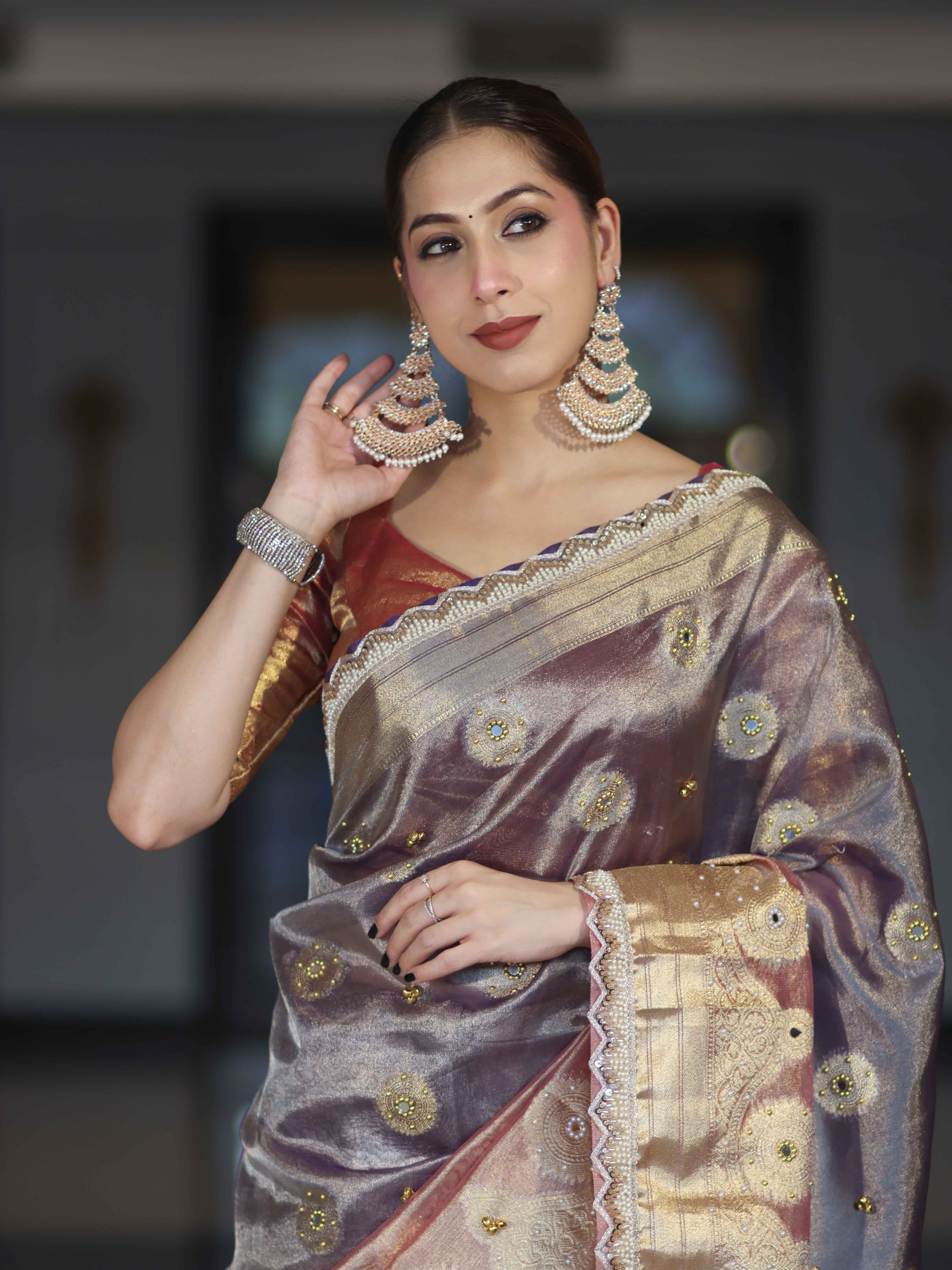 Banarasee Tissue Hand Embroidered Mirror Work Saree With Ghungroo Work & Lace Border-Violet & Pink