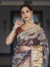 Banarasee Tissue Hand Embroidered Mirror Work Saree With Ghungroo Work & Lace Border-Violet & Pink