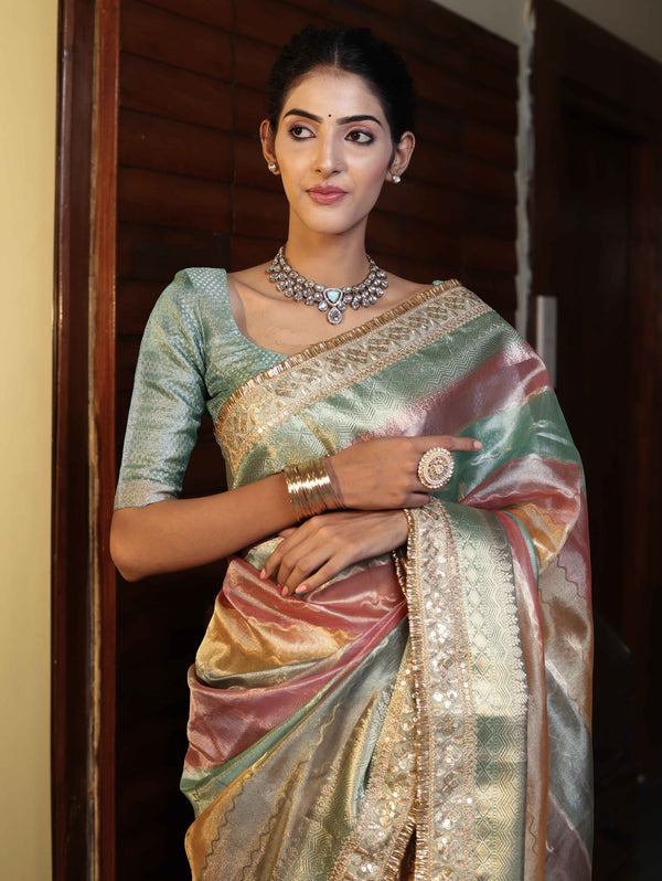Banarasee Handwoven Tissue Saree With Curve Stripe Pattern Zari Border & Lace-Multicolor