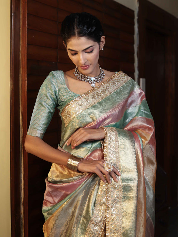 Banarasee Handwoven Tissue Saree With Curve Stripe Pattern Zari Border & Lace-Multicolor