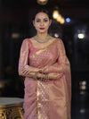 Banarasee Handwoven Tissue Saree With Zari Checks & Border-Peachy Pink