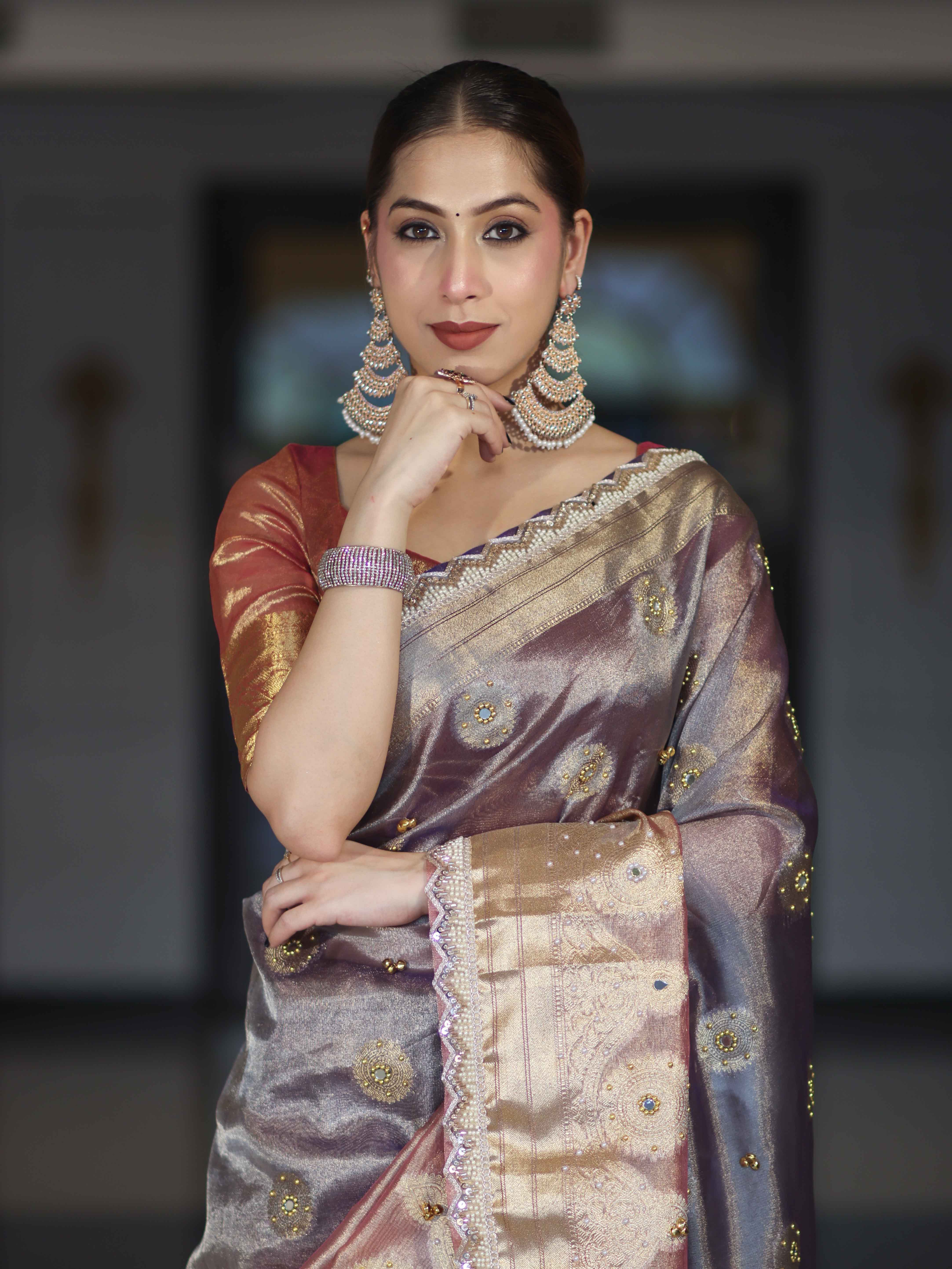 Banarasee Tissue Hand Embroidered Mirror Work Saree With Ghungroo Work & Lace Border-Violet & Pink