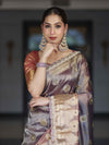 Banarasee Tissue Hand Embroidered Mirror Work Saree With Ghungroo Work & Lace Border-Violet & Pink