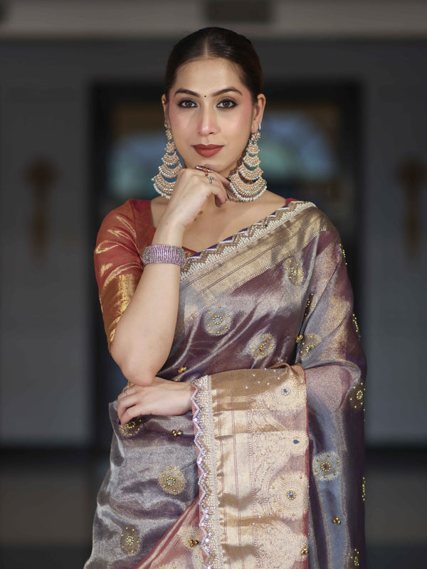 Banarasee Tissue Hand Embroidered Mirror Work Saree With Ghungroo Work & Lace Border-Violet & Pink