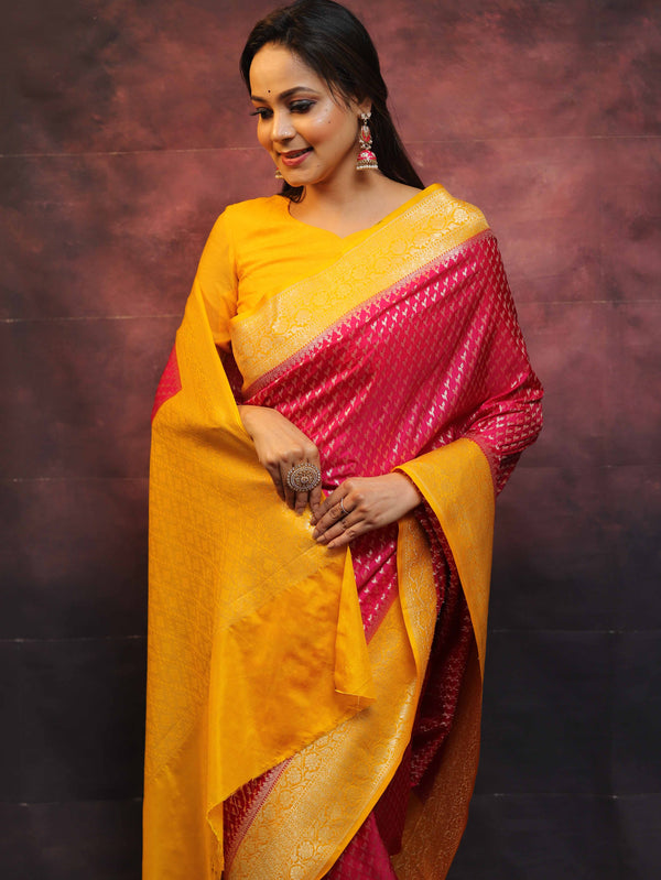 Banarasee Semi-Katan Zari Buta Saree-Pink & Yellow