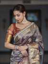 Banarasee Tissue Hand Embroidered Mirror Work Saree With Ghungroo Work & Lace Border-Violet & Pink