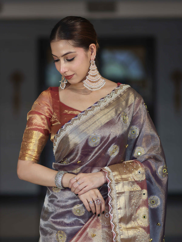 Banarasee Tissue Hand Embroidered Mirror Work Saree With Ghungroo Work & Lace Border-Violet & Pink