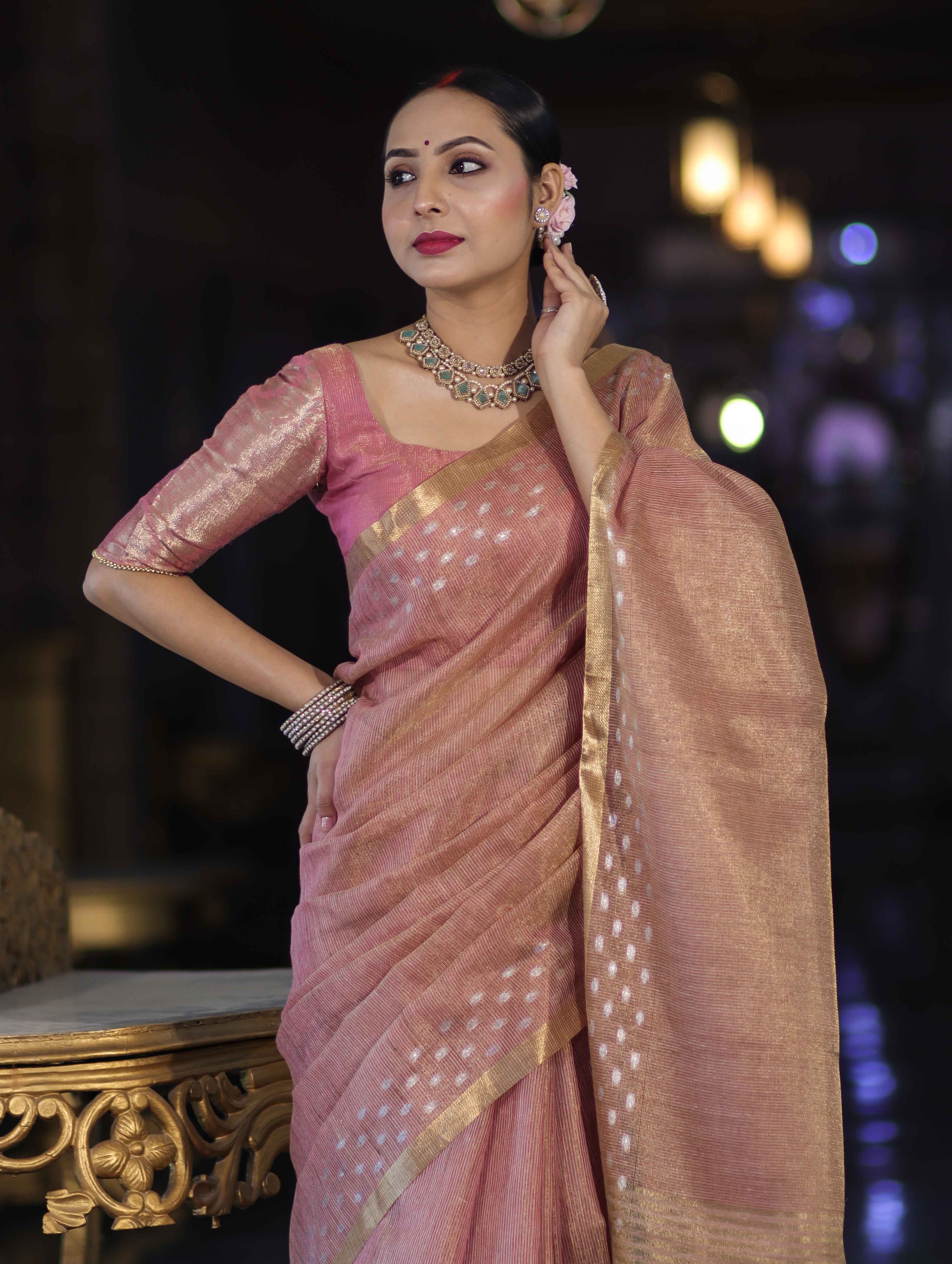 Banarasee Handwoven Tissue Saree With Zari Checks & Border-Peachy Pink