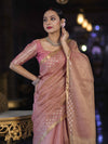 Banarasee Handwoven Tissue Saree With Zari Checks & Border-Peachy Pink