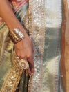 Banarasee Handwoven Tissue Saree With Curve Stripe Pattern Zari Border & Lace-Multicolor