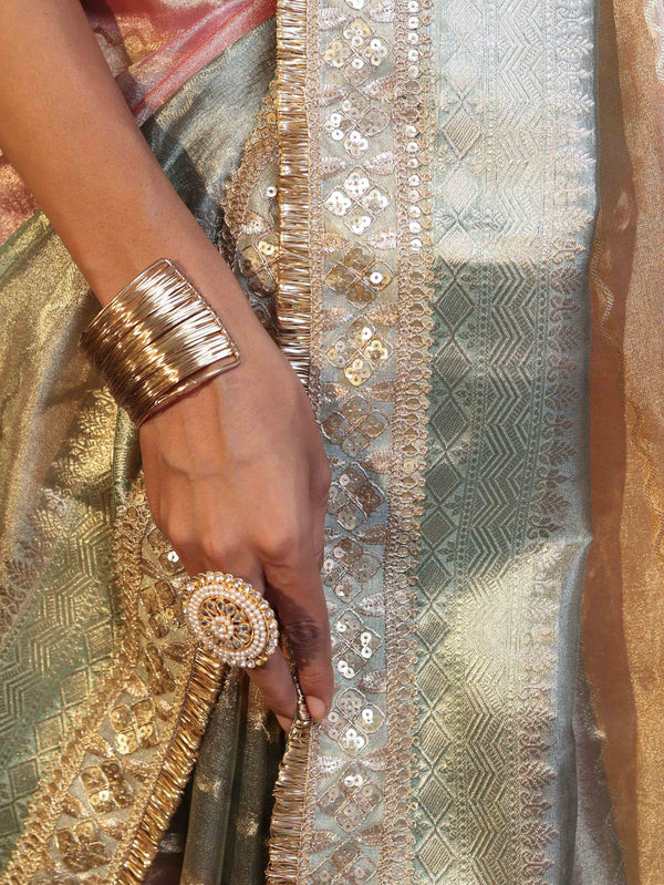 Banarasee Handwoven Tissue Saree With Curve Stripe Pattern Zari Border & Lace-Multicolor