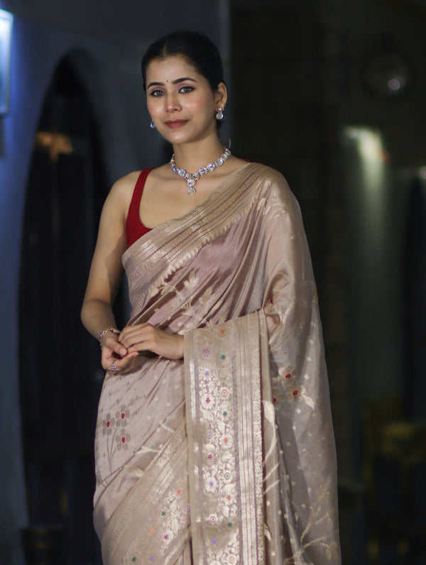 Banarasee Handloom Semi Silk Saree With Meena Design & Contrast Blouse-Beige