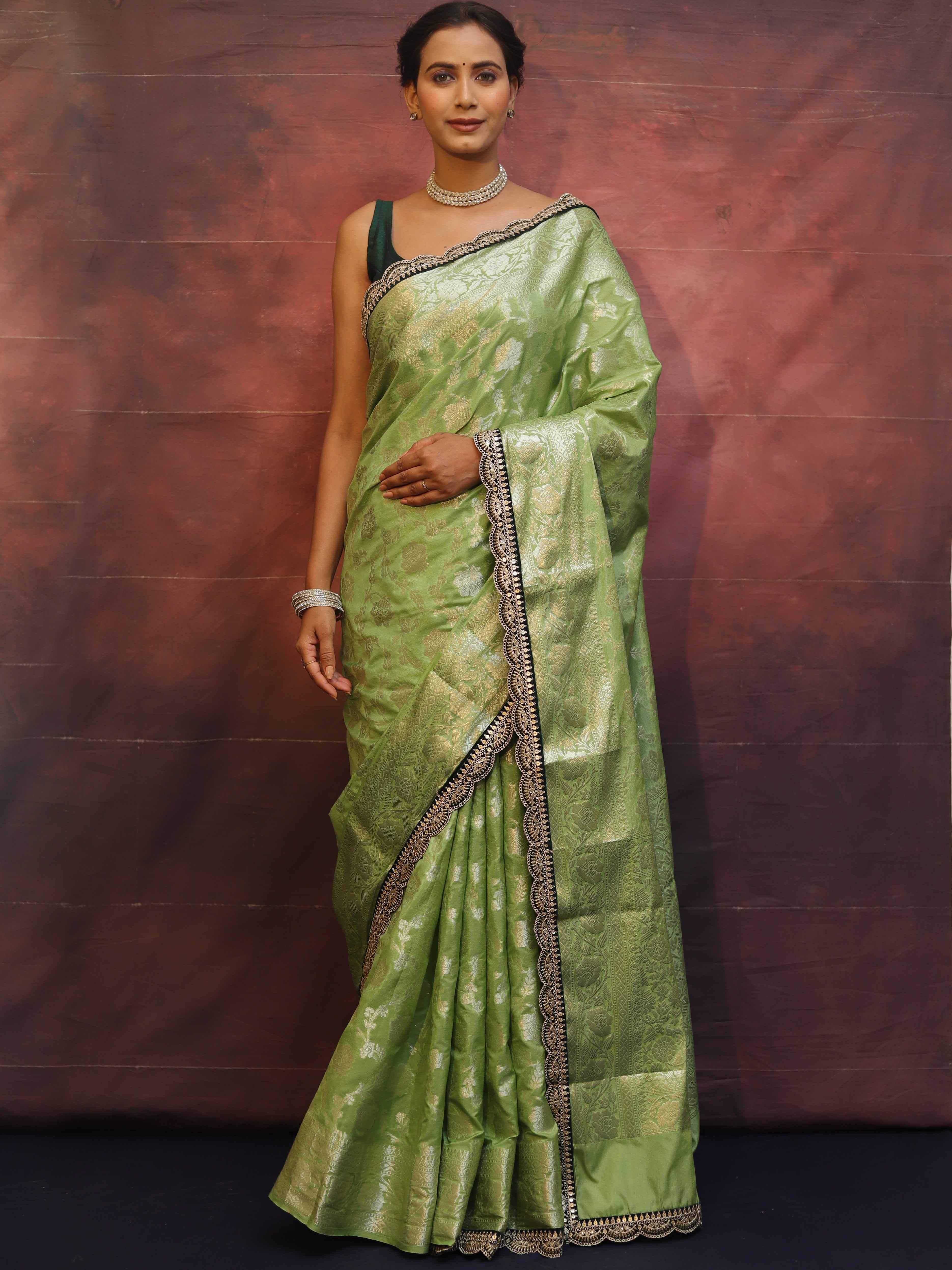 Banarasee Handwoven Georgette Saree Zari Jaal Design With Contrast Lace-Light Green