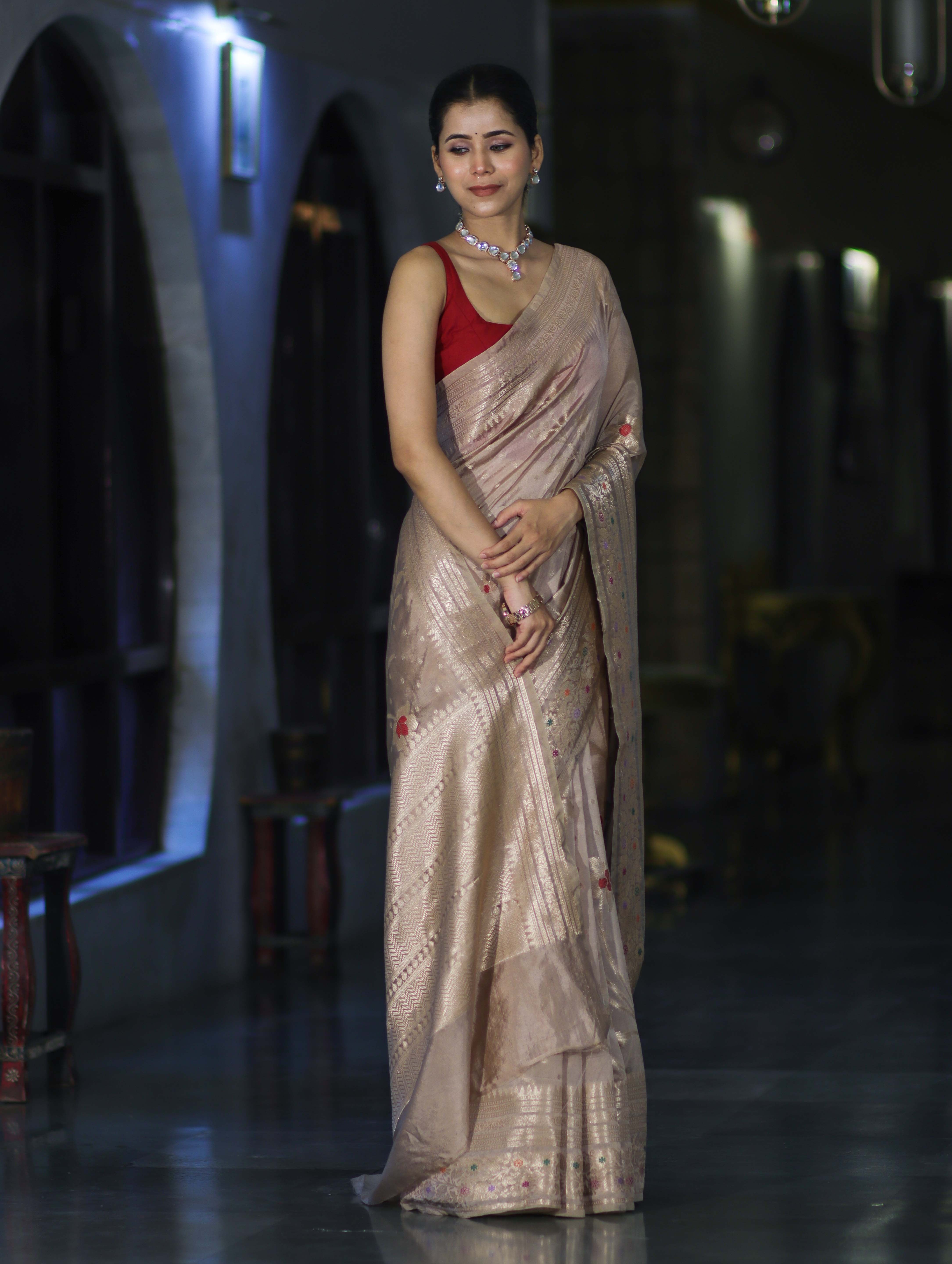 Banarasee Handloom Semi Silk Saree With Meena Design & Contrast Blouse-Beige
