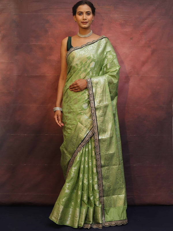 Banarasee Handwoven Georgette Saree Zari Jaal Design With Contrast Lace-Light Green