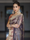 Banarasee Tissue Hand Embroidered Mirror Work Saree With Ghungroo Work & Lace Border-Violet & Pink
