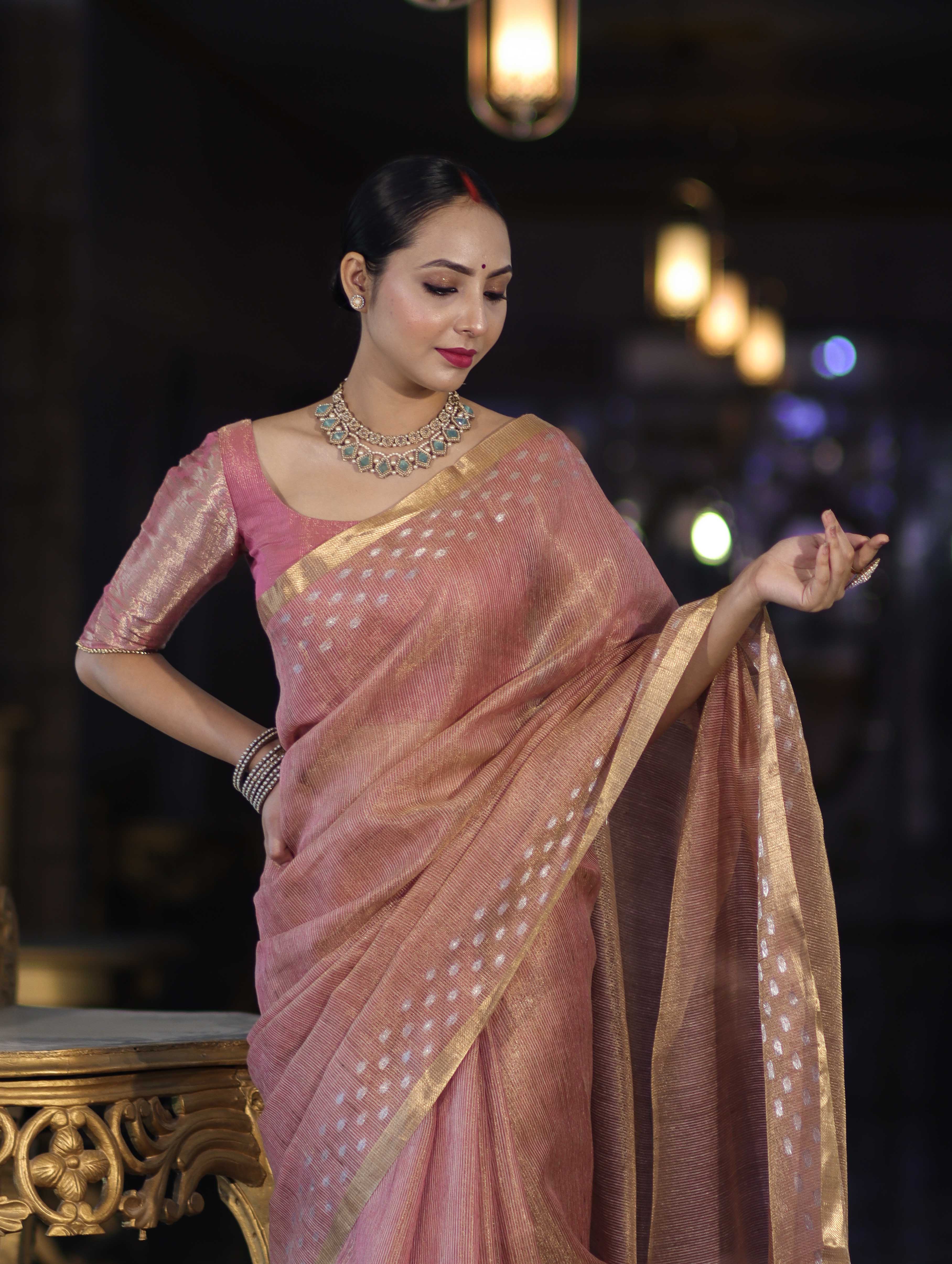 Banarasee Handwoven Tissue Saree With Zari Checks & Border-Peachy Pink
