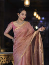 Banarasee Handwoven Tissue Saree With Zari Checks & Border-Peachy Pink