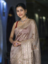 Banarasee Handloom Semi Silk Saree With Meena Design & Contrast Blouse-Beige