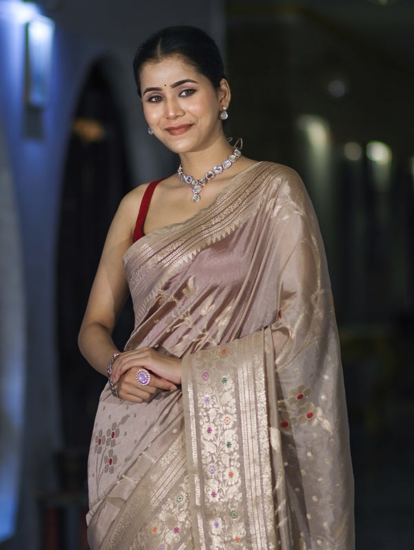 Banarasee Handloom Semi Silk Saree With Meena Design & Contrast Blouse-Beige